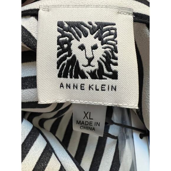 ANNE KLEIN TOP WOMENS XLARGE PRINTED SLIT-CUFF BUTTON-UP BLOUSE BLACK WHITE NEW - Picture 5 of 14